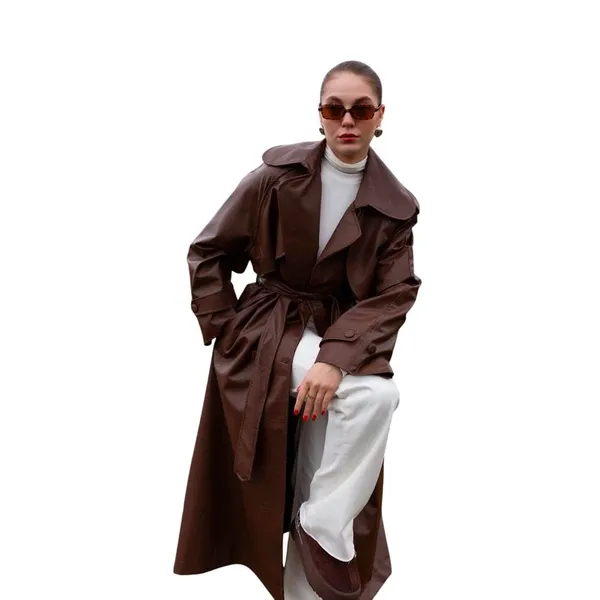 Brown Faux Leather Trench Coat with Belt – Brand New - Image 3