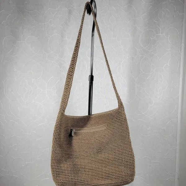 Vintage Sak Crochet Shoulder Bag 10" Dark Tan Nylon Ladies Handbag Pockets - Image 2