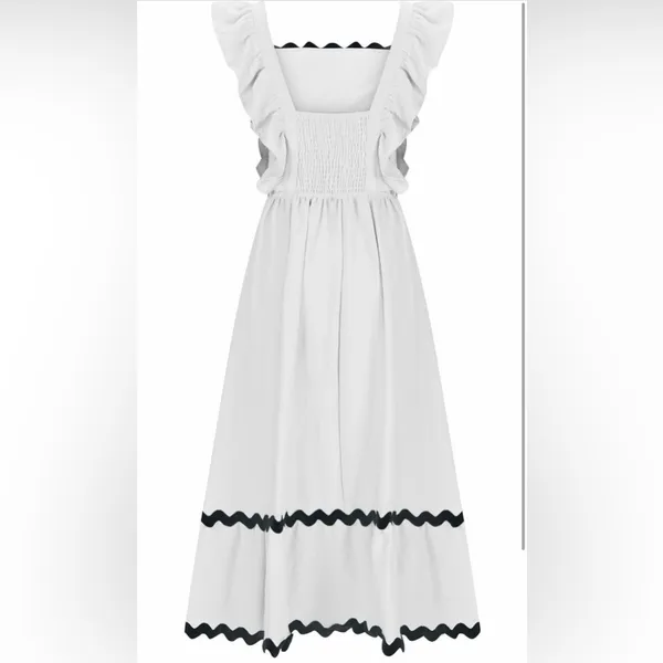 NEW White Flutter Sleeve Square Neck Rickrack Tiered Pockets Midi Lined Dress XL - Image 5