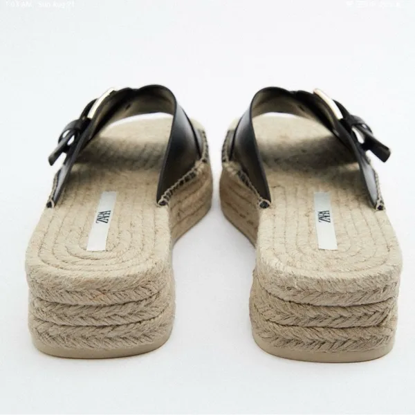 Zara Black Leather Espadrille JUTE WEDGE SANDALS - Image 16