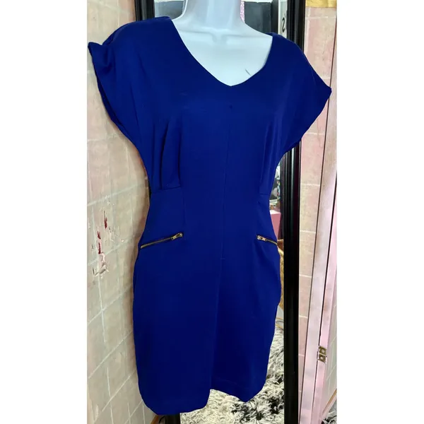 Forever‎ 21 Royal Blue Cap Sleeve Sheath Dress Gold Zip Pockets Size S - Image 3