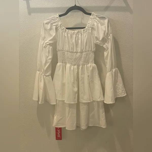 White Ruffle Dress NWT Size XS Cottagecore Boho Off Shoulder Tiered Mini Earthy - Image 7
