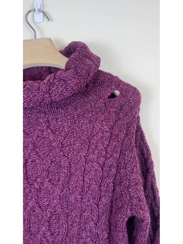 Aran Sweater Market 100% Merino Wool Cable Knit Cowl Neck Purple Sweater M - Image 7