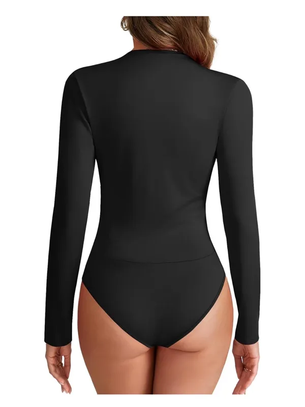 LYANER Women's Wraped V Neck Ruched Long Sleeve Leotard Bodysuit Top XL - Image 4