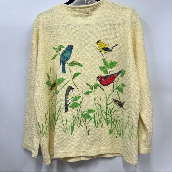 Vintage AU Women's yellow terry cloth cardigan Sweater Bird Art Applique Print - Image 13