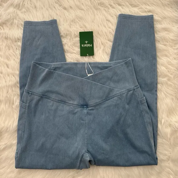 Halara Flex Crossover Pocket Denim Skinny Jeans Leggings Blue Denim Large 7/8 - Image 4
