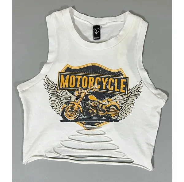 Windsor White Motorcycle Biker Graphic Shredded Tee T-Shirt Tank Crop Top Size M ⛓️ - Image 2