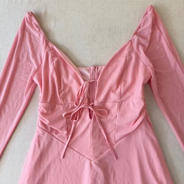 Marthea Mesh Mini Dress Womens Large Pink Tie Front Bell‎ Sleeve Coquette NWT - Image 9