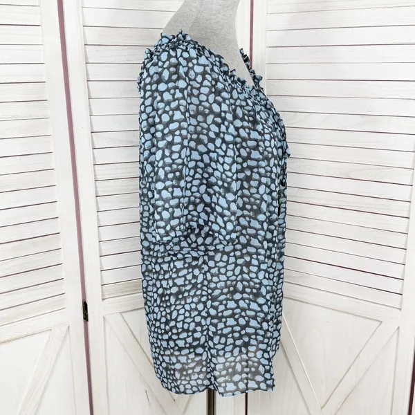 Moda International Printed Beaded Sheer‎ Peasant Blouse Blue Black Medium - Image 3
