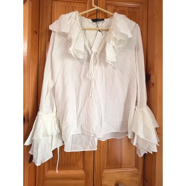 Zara White Boho Ruffle Tie Neck Blouse Bell Sleeve Peasant Top XS Semi Sheer NWT - Image 3