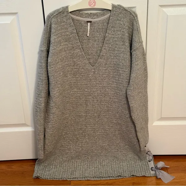 Free People Heart It Lace-Up Sweater in Light Gray - Image 2
