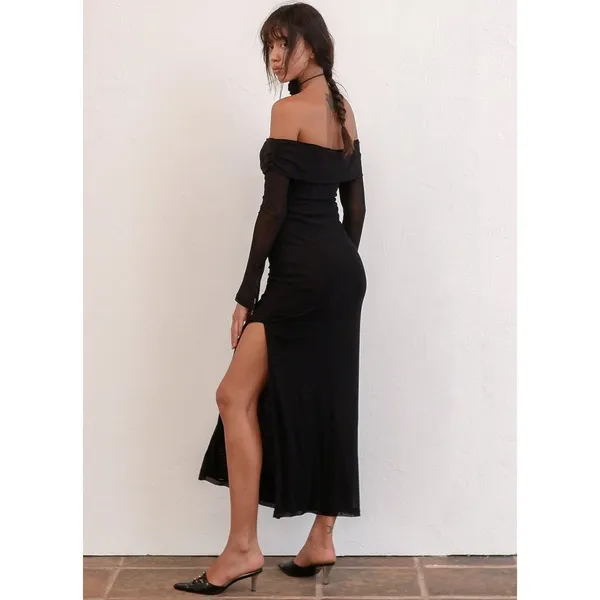Motel Rocks Terika Bardot Dress Black Mesh Long Sleeve Maxi Evening Chic Large - Image 2