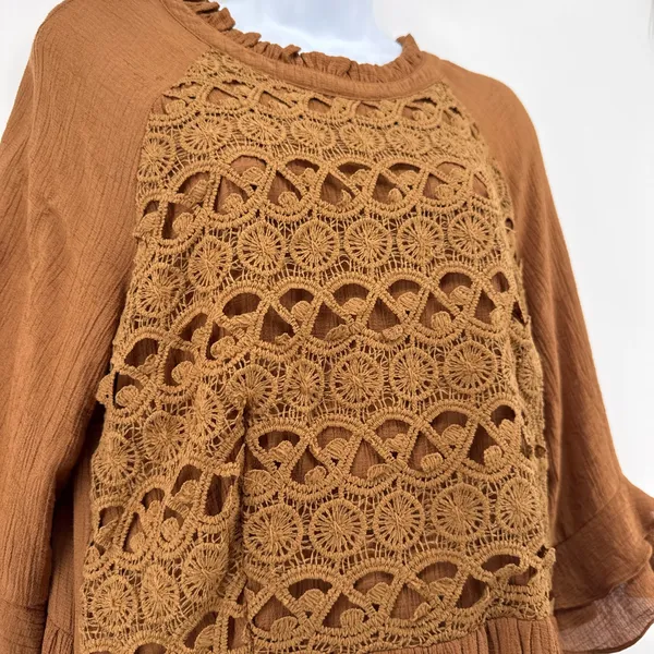 MOON RIVER Crochet Lace Bodice‎ Mini Dress Large Brown Crinkle Ruffle Boho Shift - Image 3