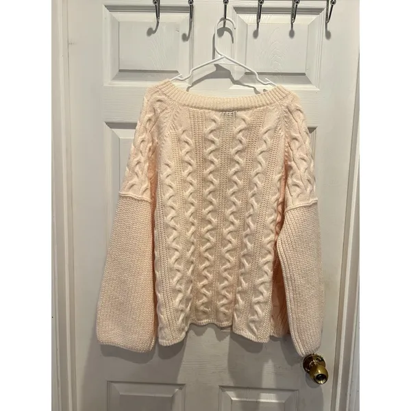 Petal Dew Womens‎ Cable Knit Split V-Neck Sweater Pale Peach Cream Size L Hygge - Image 6