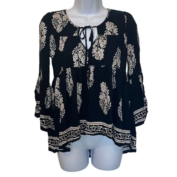 Altar'd State Blue Tan‎ Boho Print Bell Sleeve High Low Front Tie Top XS Flowy - Image 2