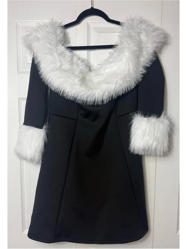 Womens Black Off Shoulder Faux Fur Trim Mini Dress Size XL Fit Flare Long Sleeve - Image 8