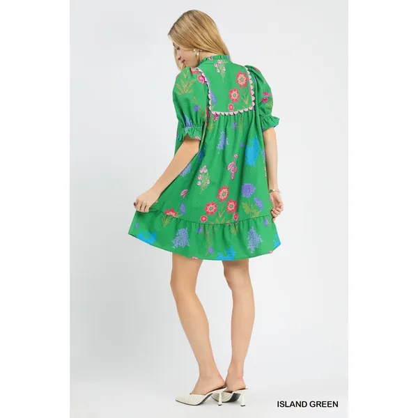 Umgee Multi Flower Print V-Neck Dress - Island Green - Medium - Image 3
