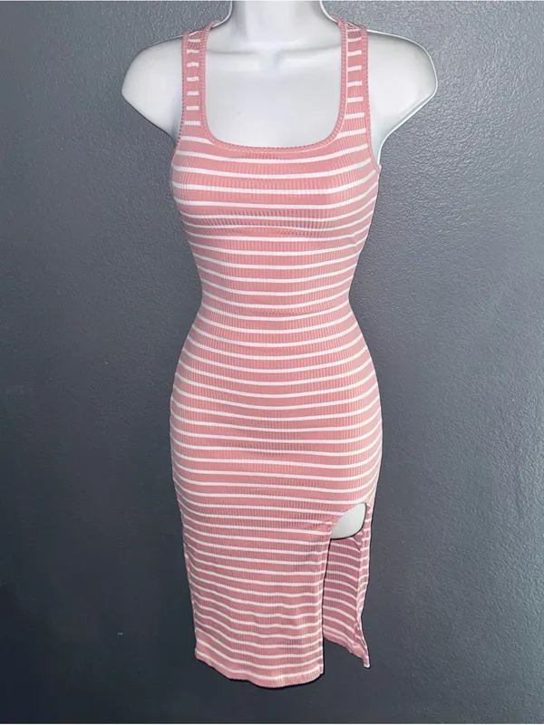 Women’s Pink & White Striped Midi Sundress Bodycon Dress size Small - Medium - Image 3