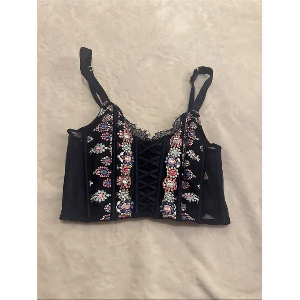 Victoria's Secret Bra Size XS/XP Bejeweled floral embroidered coquette whimsy goth - Image 2