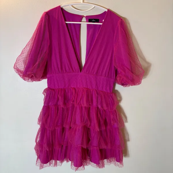 Lulus Dramatic Poise Magenta Pink Dot Tulle Puff Sleeve Tiered Mini Dress Size L - Image 2