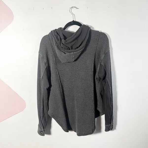 American Eagle Shacket Women's XS Gray Waffle Knit Thermal Button Down Hoodie - Image 2
