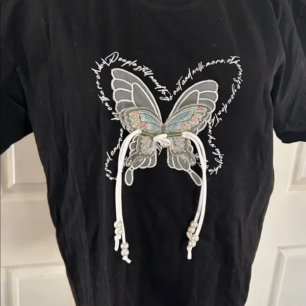 Aelfric Eden Butterfly embroidered Tee shirt with string Pearls, Black, XS, NWT - Image 6