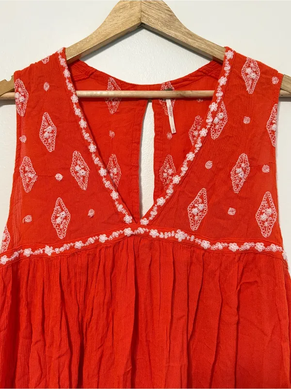 Free People Embroidered Tunic Top Size Small Diamond Orange Boho Beach - Image 4