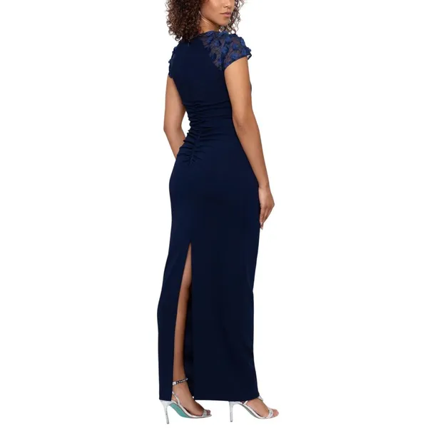 NWT X by Xscape Womens Floral Applique Cap-Sleeve Gown Navy Blue 6 - Image 2