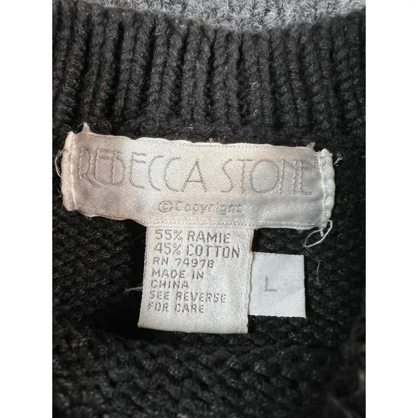 Vtg 90s Grandma Sweater L Black‎ Floral Ramie Cotton Textured Patchwork Cottage - Image 3