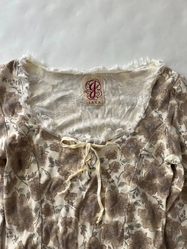 Jaya Vintage VTG Cotton Floral Cream Cottagecore Prairie 90s Lace Up Bell Top S - Image 7