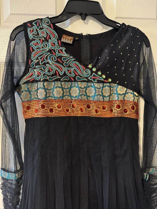 Girlish Embroidered Mesh Fit & Flare Dress Size 36 Black Boho Beaded - Image 2