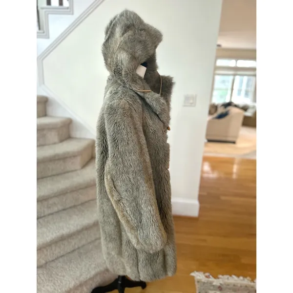 Vintage Faux Fur Taupe Brown Toggle Button Hooded Coat - Image 10