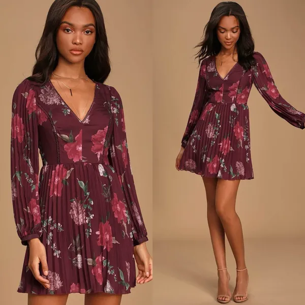 Lulus Win The Day Dress Burgundy Floral‎ Print Pleated Long Sleeve Mini V-Neck - Image 2