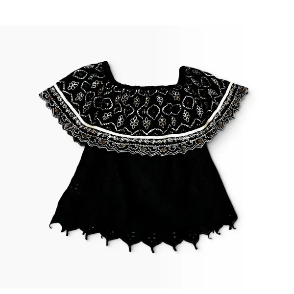 Hemant & Nandita Top‎ XS Black Embroidered Eyelet Boho Off Shoulder Sequin - Image 2