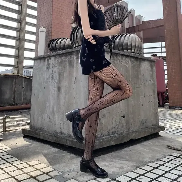 Cross Pattern Fishnet Tights, Hollow Out High Waist Mesh Pantyhose‎ One Size - Image 5