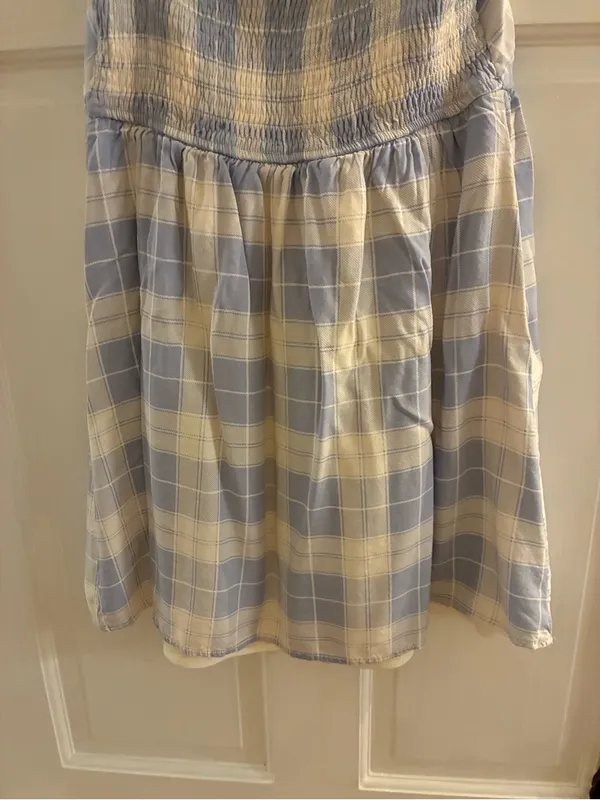 Prómesa Women’s Brand Light Blue and Cream Plaid Puff Sleeve Dress Size Small - Image 6