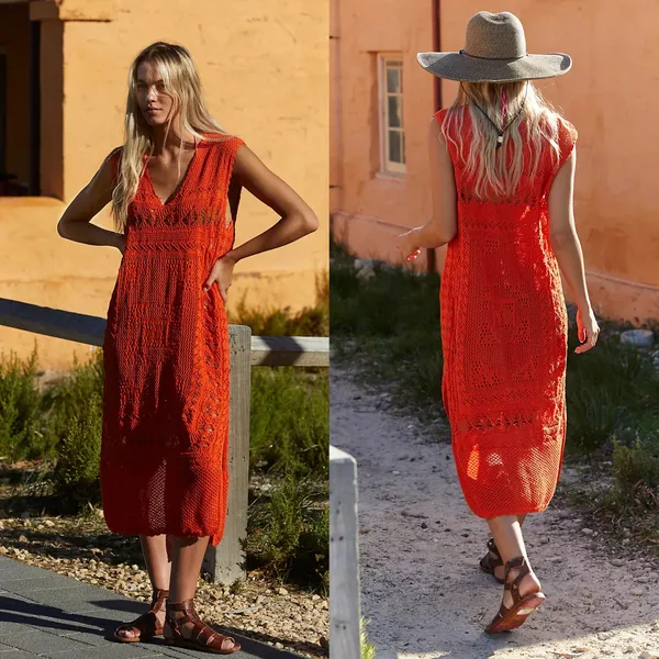 Free People FP Beach Sz L Orange Emma Fauxchet Knit Sleeveless Boho Midi Dress - Image 2
