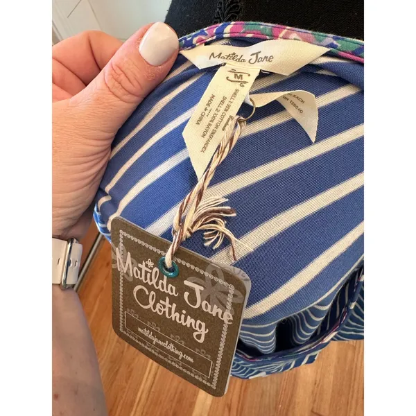Matilda Jane Womens Blue White Mixed Stripe Short Sleeve Maxi Dress Size M NWT - Image 4