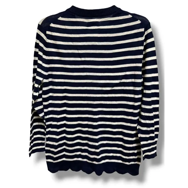 Crown & Ivy XS Navy Cream Stripe Cotton Scallop Hem Button Cardigan NWT - Image 3