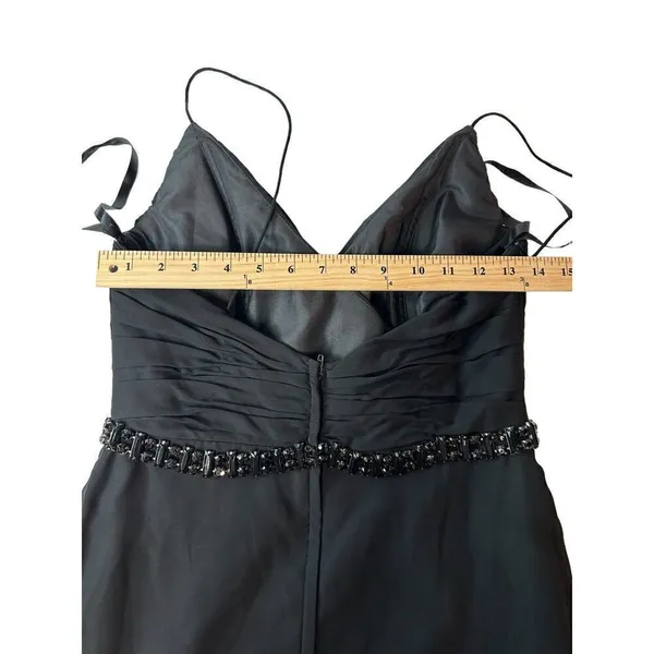Lillian’s V Neck Faux Wrap Beaded Banding Waist Black Formal Dress Gown Size 6 - Image 8