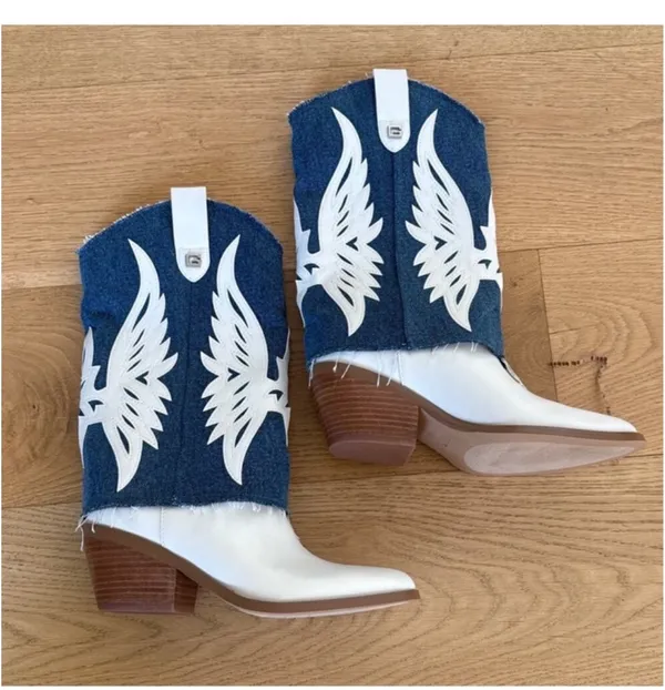 Guess White and Blue Denim Western Cowboy Boots - Image 2