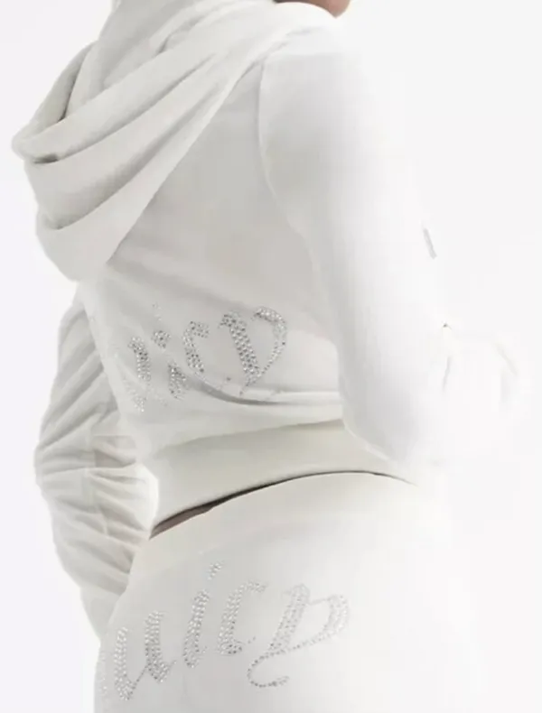 Juicy Couture Bling Velour Tracksuit Jacket Hoodie & Pants in Cream Soda - Image 3