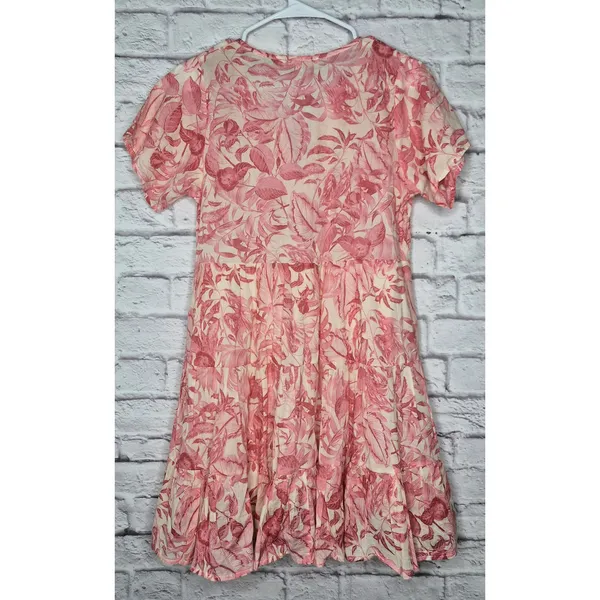 OLIVACEOUS Pink Tropical Toile Floral Tiered Mini Dress Cotton Tassel Boho Med. - Image 4