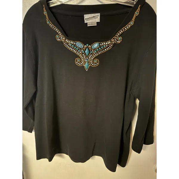 Bob‎ And Betty's Craft Women's Rhinestone And Turquoise Embellished Black Knit - Image 4