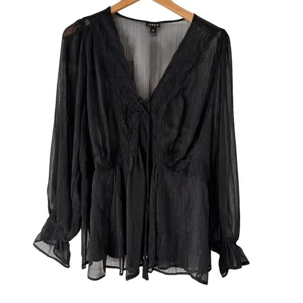 Torrid Black Sheer Long Sleeve Blouse V Neck‎ Peplum Tassel Tie Plus Size - Image 9
