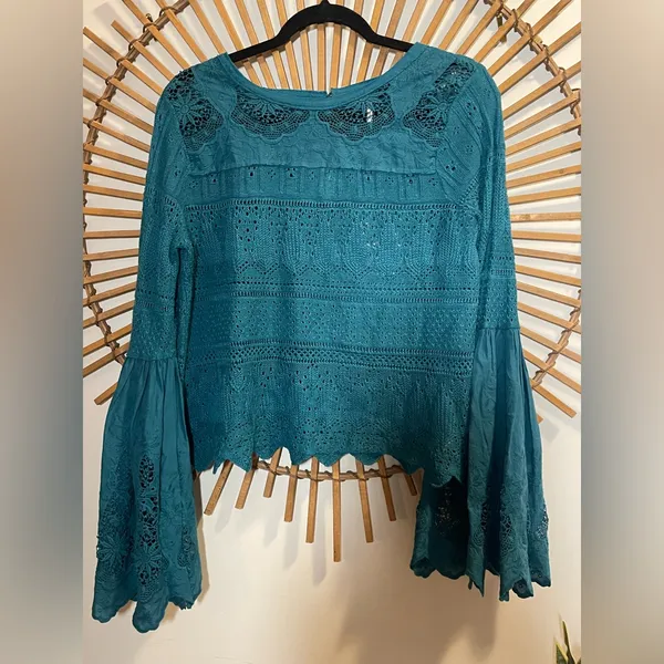 Free People Once Upon A Time Teal Lace Knit Bell Sleeve Top Fairy Boho - Image 3