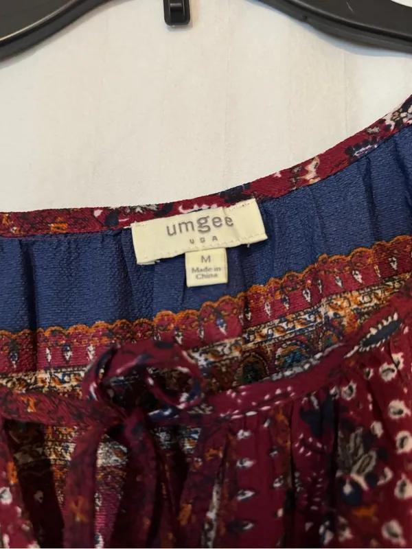 Umgee Maroon Boho Mixed‑Print Tiered Sleeve Tunic/Mini Dress Size Medium - Image 3