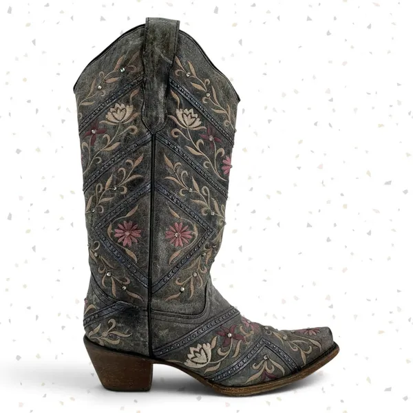 Corral Western Cowboy Boots Gray Floral Gems Embroidered Country Concert Size 9 - Image 6