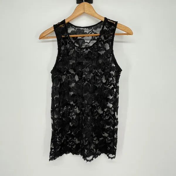 Vintage‎ Black Lace Sheer Beaded Tank Top Size S Party Witchy Whimsigoth Glam - Image 2