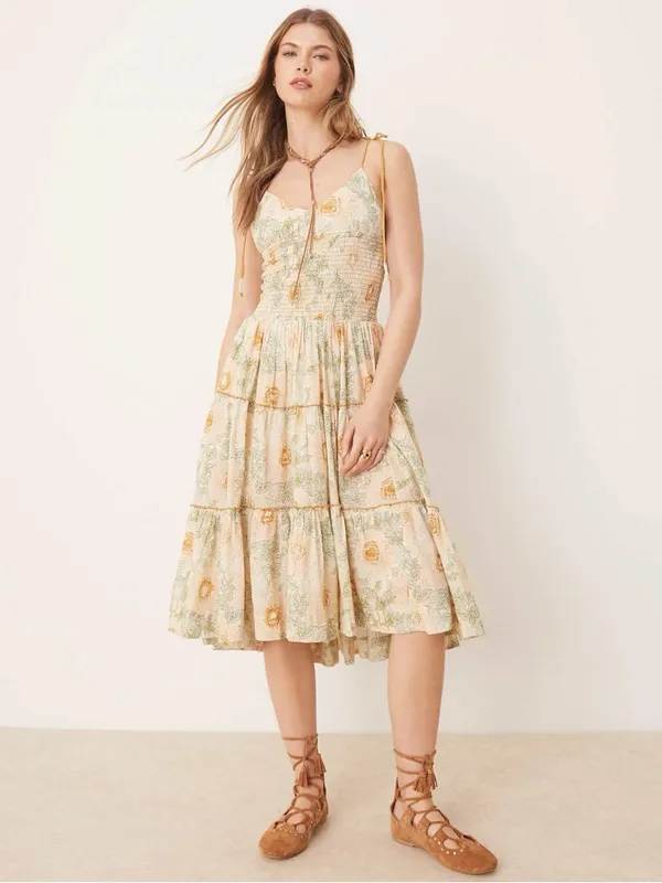 Free People Bohemian Dainty Cottage Adriel Tiered Midi Dress Ivory Floral Small - Image 14